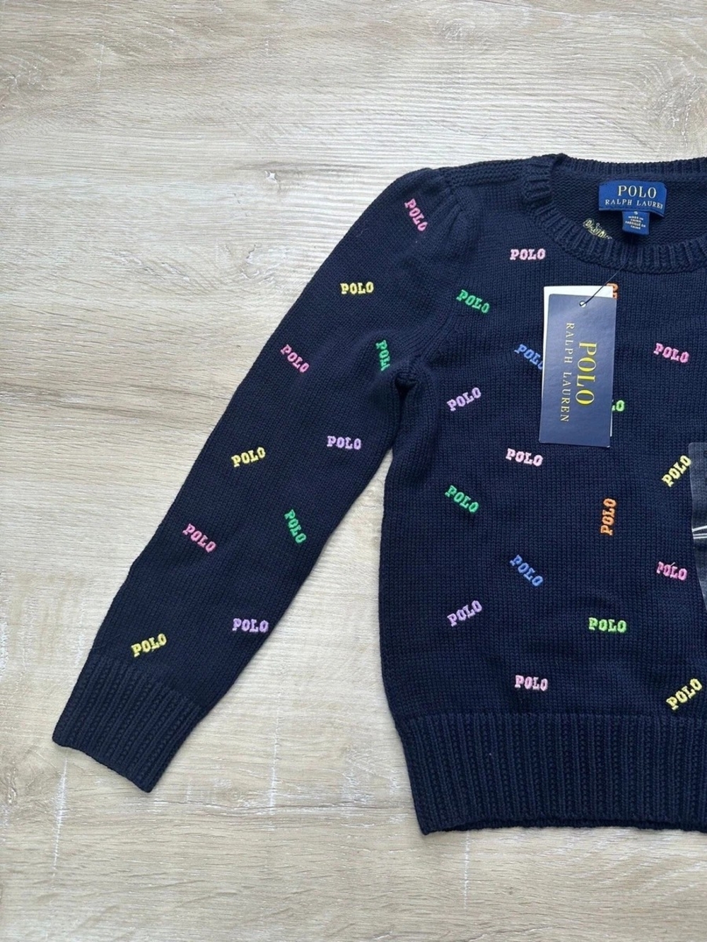 Girls Polo by Ralph Lauren Navy Sweater with Multicolor 'POLO' Embroidery - Picture 2 of 4